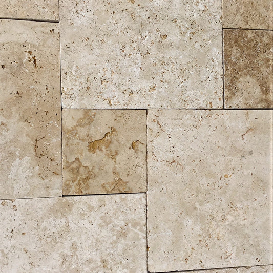 Natural Travertine Tumbled French Pattern in Country Classic Colour. Ideal for Pool Surrounds and all other outdoor areas
