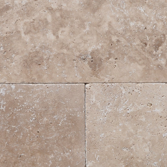 Natural Stone Classic Travertine Pavers. Suitable for Outdoor areas, driveways and pool surrounds. Size 610x406x30mm with Antique Tumbled Finish